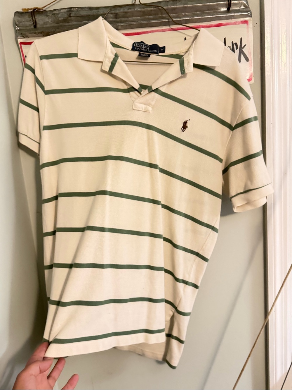 Ralph Lauren Cream Polo with Green Stripes and Pony Logo